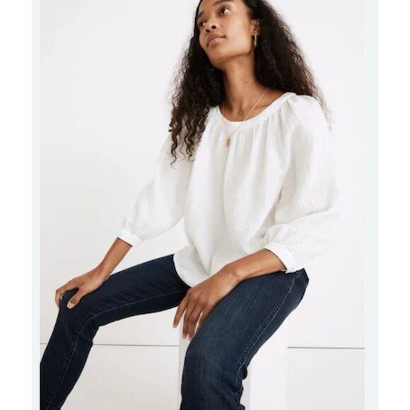 Madewell Tops - Madewell Lightspun Wide-Neck Cuffed-Sleeve Top White Small Peasant Coastal FF